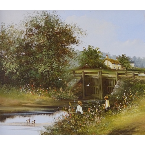 1271 - Les Parsons (born 1945), oil on canvas, children fishing from a canal, 20