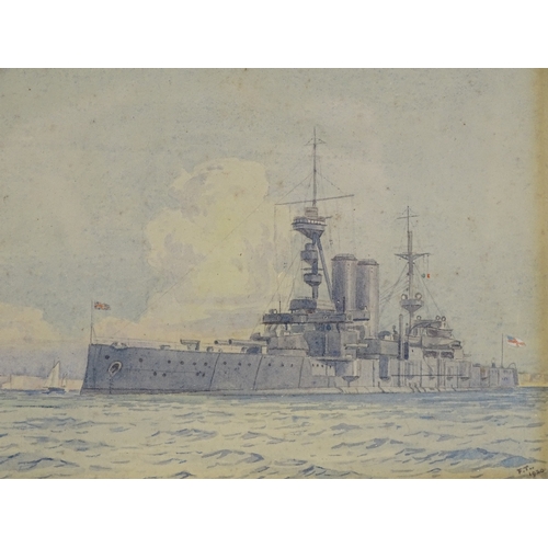 1274 - 5 watercolours circa 1920, First War battleships, 1 signed with initials FT, dated 1920, largest 8.5... 