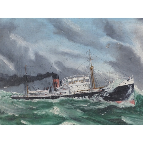 1279 - Early 20th century oil on canvas, passenger steam ship on rough seas, unsigned, 15