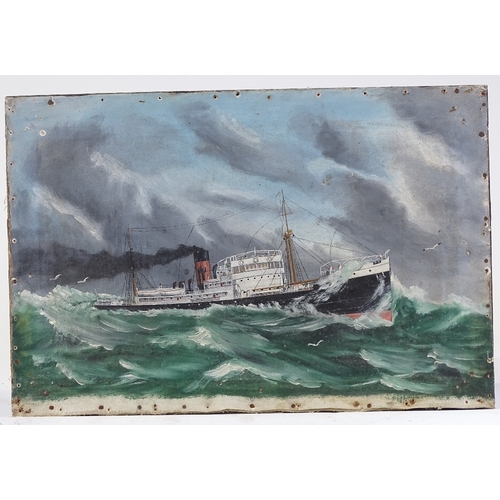 1279 - Early 20th century oil on canvas, passenger steam ship on rough seas, unsigned, 15