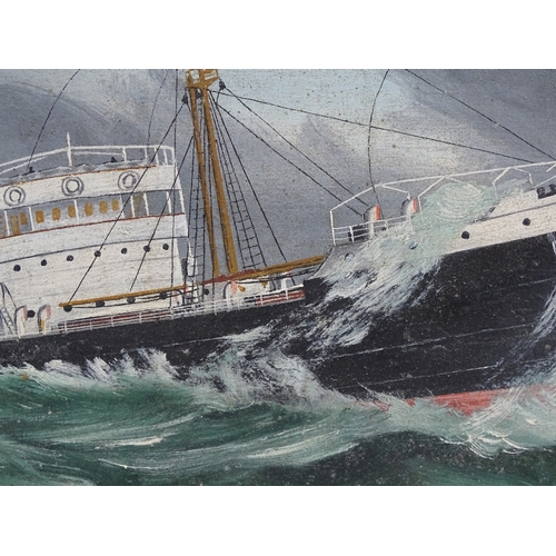 1279 - Early 20th century oil on canvas, passenger steam ship on rough seas, unsigned, 15