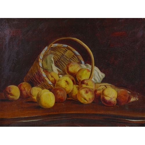 1290 - H Raymond, oil on canvas, still life, peaches and basket, 20