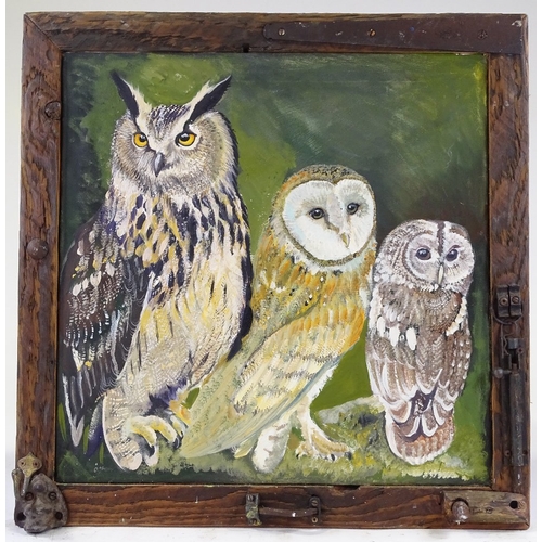 1291 - Clive Fredriksson, oil on canvas, 3 owls, in rustic frame, overall dimensions 25