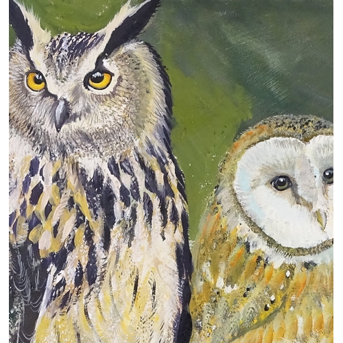 1291 - Clive Fredriksson, oil on canvas, 3 owls, in rustic frame, overall dimensions 25