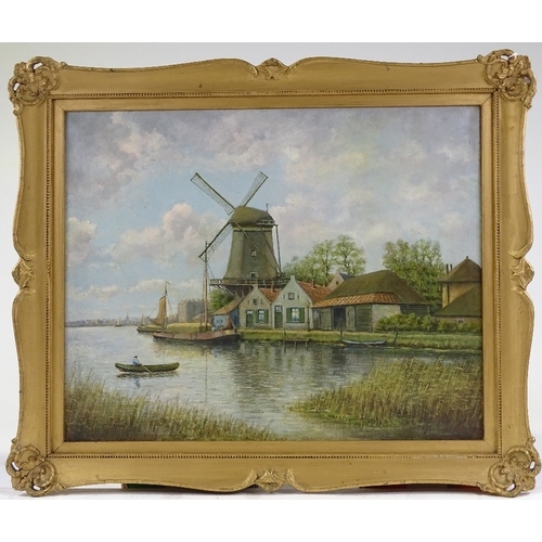 1301 - 19th century Continental School, oil on canvas, windmill on a canal, indistinctly signed, 1894, 16