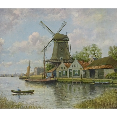 1301 - 19th century Continental School, oil on canvas, windmill on a canal, indistinctly signed, 1894, 16