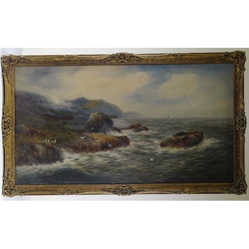 1302 - Reginald Sherrin, oil on canvas, rough seas on the coast, 25