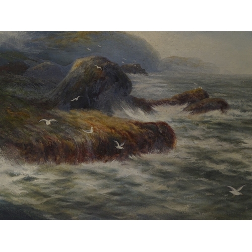 1302 - Reginald Sherrin, oil on canvas, rough seas on the coast, 25