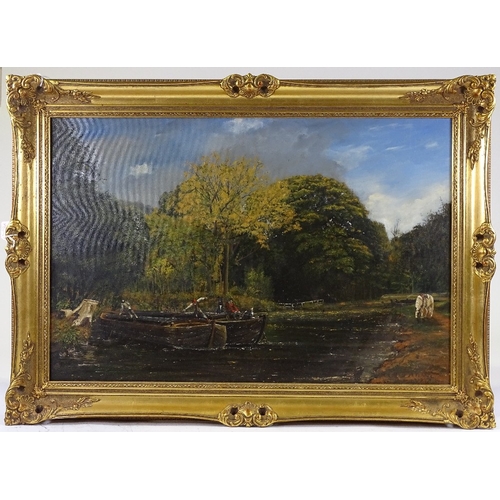 1303 - Modern oil on canvas, barges on a canal, unsigned, 20