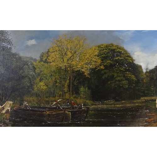 1303 - Modern oil on canvas, barges on a canal, unsigned, 20