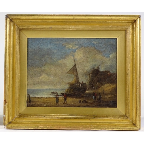 1307 - 18th / 19th century oil on wood panel, fisherfolk on the beach, unsigned, 8