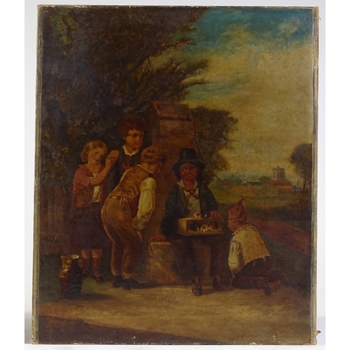 1310 - 19th century oil on canvas, a group of children at the village pump, unsigned, 18