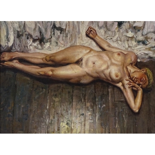 1316 - Modern oil on canvas laid on board, reclining nude, unsigned, 12