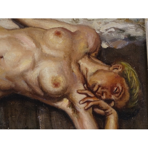 1316 - Modern oil on canvas laid on board, reclining nude, unsigned, 12