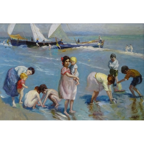 1318 - Modern oil on canvas laid on board, summer beach scene, 22