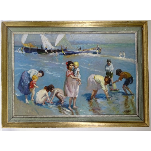 1318 - Modern oil on canvas laid on board, summer beach scene, 22