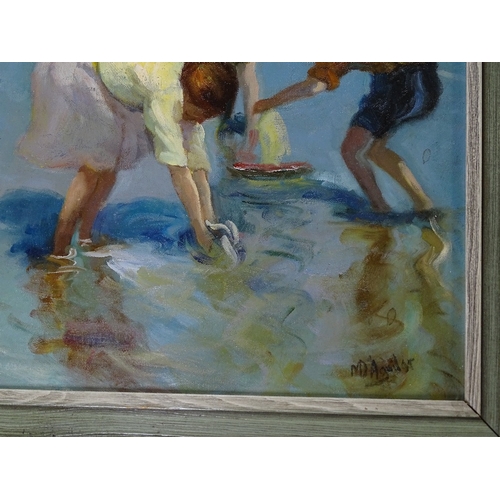 1318 - Modern oil on canvas laid on board, summer beach scene, 22