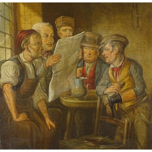 1328 - 19th century oil on canvas, tavern interior scene, unsigned, 14