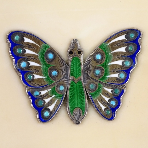 116 - An Edwardian ivory-backed handbag mirror, with silver and enamel butterfly mount, length 10.5cm