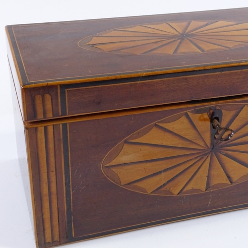 130 - A 19th century mahogany and satinwood inlaid tea caddy, later velvet lining, width 26cm