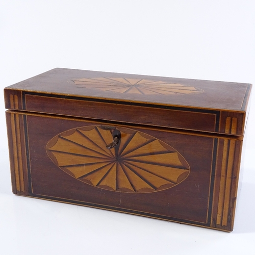 130 - A 19th century mahogany and satinwood inlaid tea caddy, later velvet lining, width 26cm