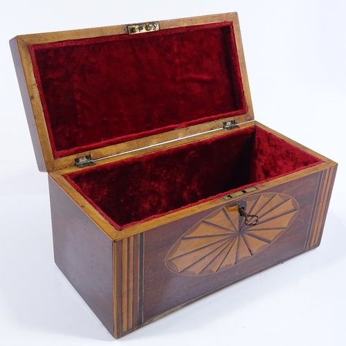 130 - A 19th century mahogany and satinwood inlaid tea caddy, later velvet lining, width 26cm