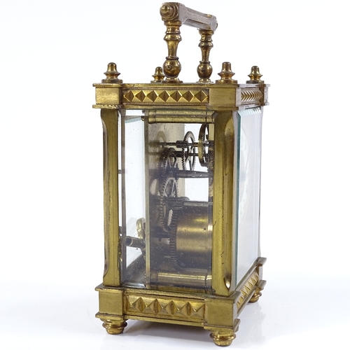 131 - A French brass-cased carriage clock with geometric bands, case height 11.5cm, working order