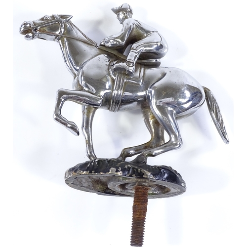 21 - A Desmo chrome plate race horse and jockey design car mascot, height excluding fitting 11cm, length ... 