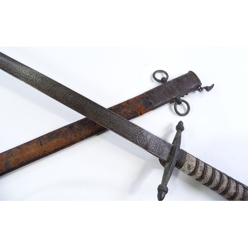 37 - A Victorian Navy Officer's short sword, etched blade with VR cypher, by J Gieve & Sons of Portsmouth... 