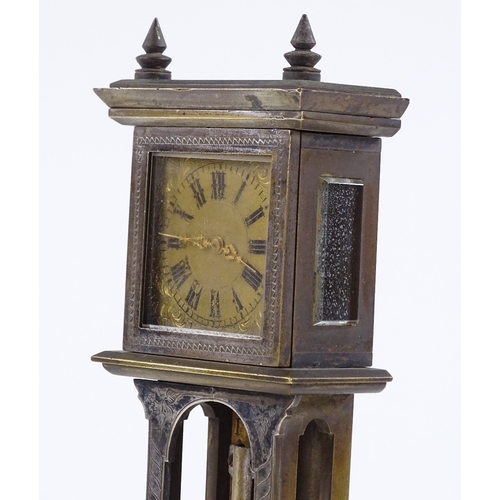 52 - A miniature brass and electroplate-cased desk clock / thermometer, circa 1900, height 22cm