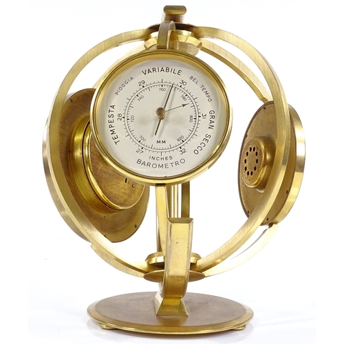 53 - A good quality retro gilt-brass cased triple dial desktop clock / barometer / thermometer, clock dia... 
