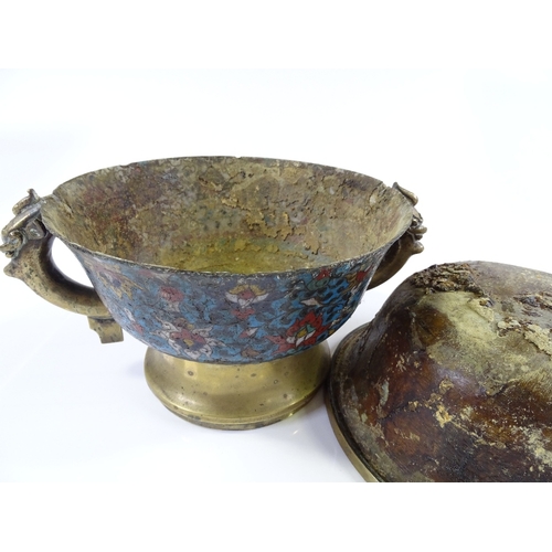 6 - An Antique Chinese bronze and cloisonne enamel 2-handled incense burner / censer, original carved an... 