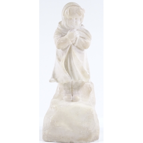 63 - An early 20th century carved alabaster sculpture of a young girl in a raincoat, signed P Sandy?, hei... 