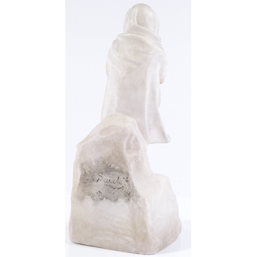 63 - An early 20th century carved alabaster sculpture of a young girl in a raincoat, signed P Sandy?, hei... 