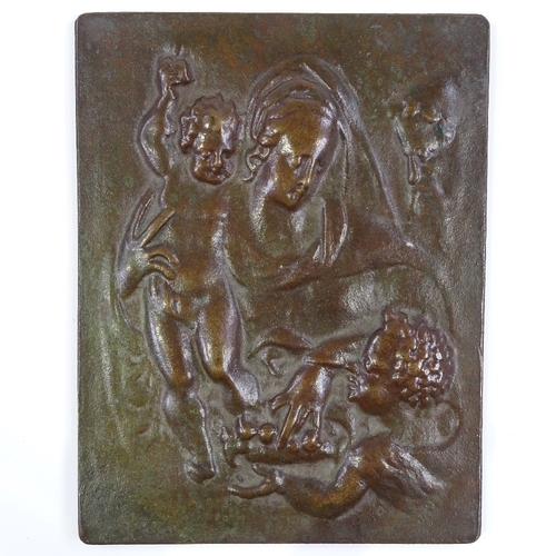 64 - A relief moulded patinated bronze plaque, depicting Classical figures, unsigned, early to mid-20th c... 