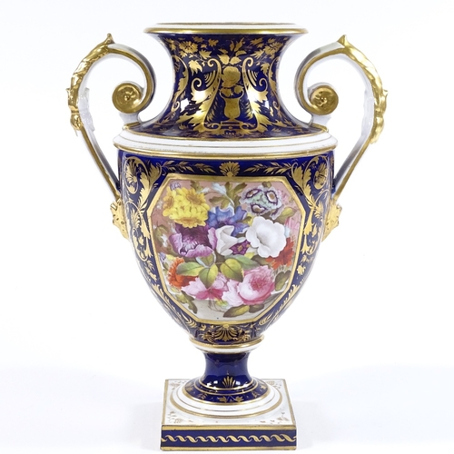 86 - A 19th century Derby 2-handled vase, hand painted botanical decorated panel in blue and gilt ground,... 