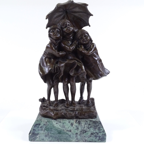 92 - A reproduction bronze figure of 3 children under an umbrella, unsigned, on green marble base, height... 