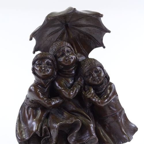 92 - A reproduction bronze figure of 3 children under an umbrella, unsigned, on green marble base, height... 