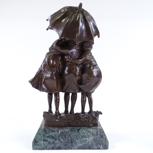 92 - A reproduction bronze figure of 3 children under an umbrella, unsigned, on green marble base, height... 