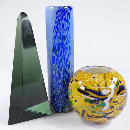 103 - 3 pieces of coloured studio glass, 1 signed, largest height 24cm