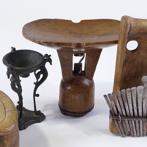 117 - 2 African Tribal wood stools, a musical instrument, and a small bronze incense burner (4)