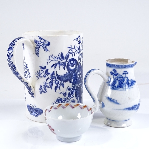 121 - A large Worcester porcelain blue and white transfer decorated mug, height 15cm, a blue and white tra... 