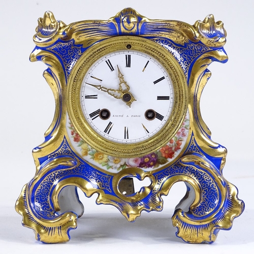 127 - A 19th century French gilded porcelain-cased mantel clock, enamel dial signed Laine of Paris, with 8... 