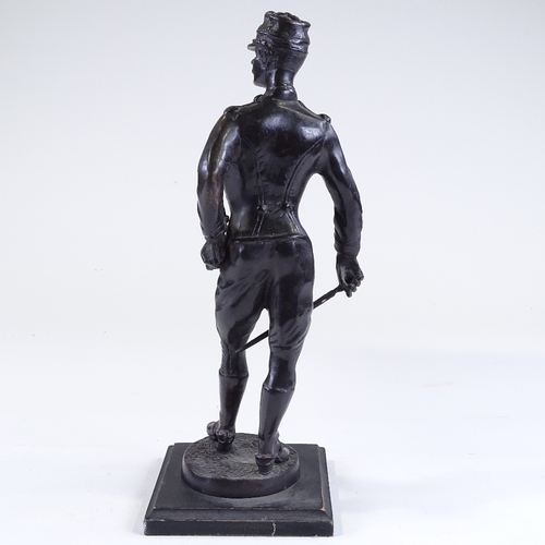 135 - A patinated bronze sculpture of a hussar, early 20th century, unsigned, on wood plinth, height 38cm