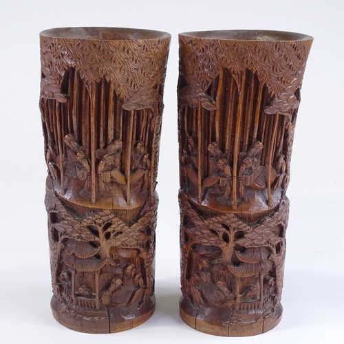 27 - A pair of Chinese early 20th century relief carved bamboo vases, height 30cm, diameter 12cm