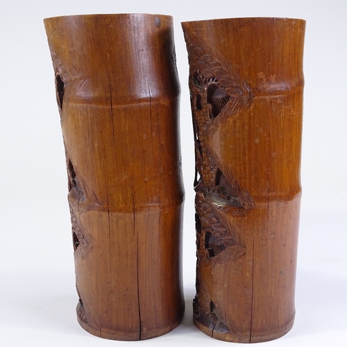 27 - A pair of Chinese early 20th century relief carved bamboo vases, height 30cm, diameter 12cm