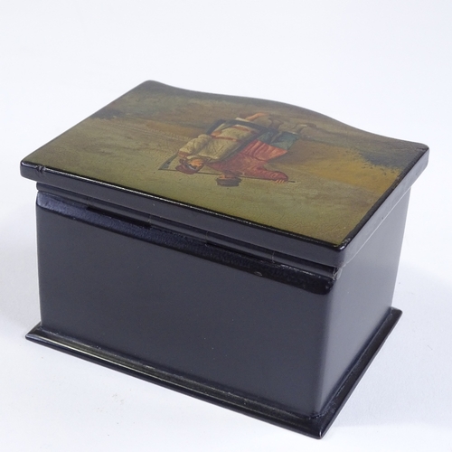 32 - A small Russian lacquer jewel box, hand painted and gilded lid depicting a farmer and his wife, Impe... 