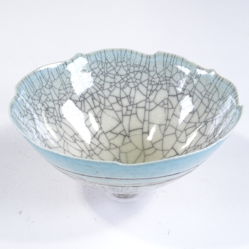 82 - Peter Lane (born 1932), studio pottery open porcelain bowl, graduated blue/white crackle glaze and c... 