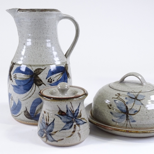 83 - John Davidson (1936 - 2005), Truro Pottery, 3 pieces of stoneware with blue fuschia decoration, jug ... 