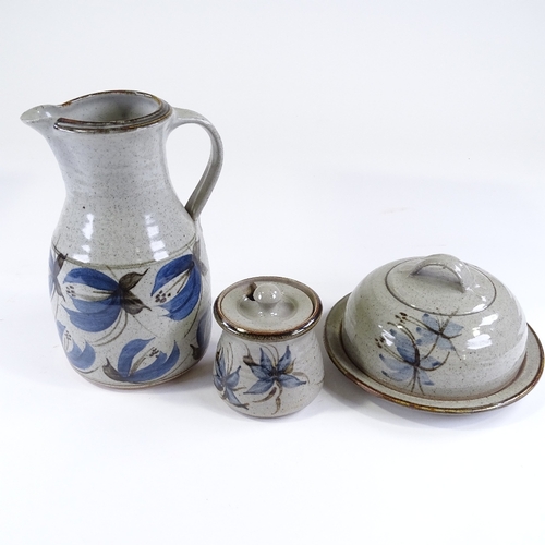 83 - John Davidson (1936 - 2005), Truro Pottery, 3 pieces of stoneware with blue fuschia decoration, jug ... 